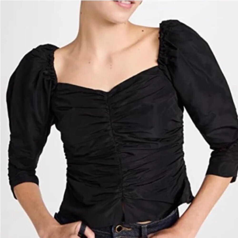 Something Navy Black Ruched Puff Sleeve Shirt Top 3/4 Sleeve Blouse Size XXL 2XL